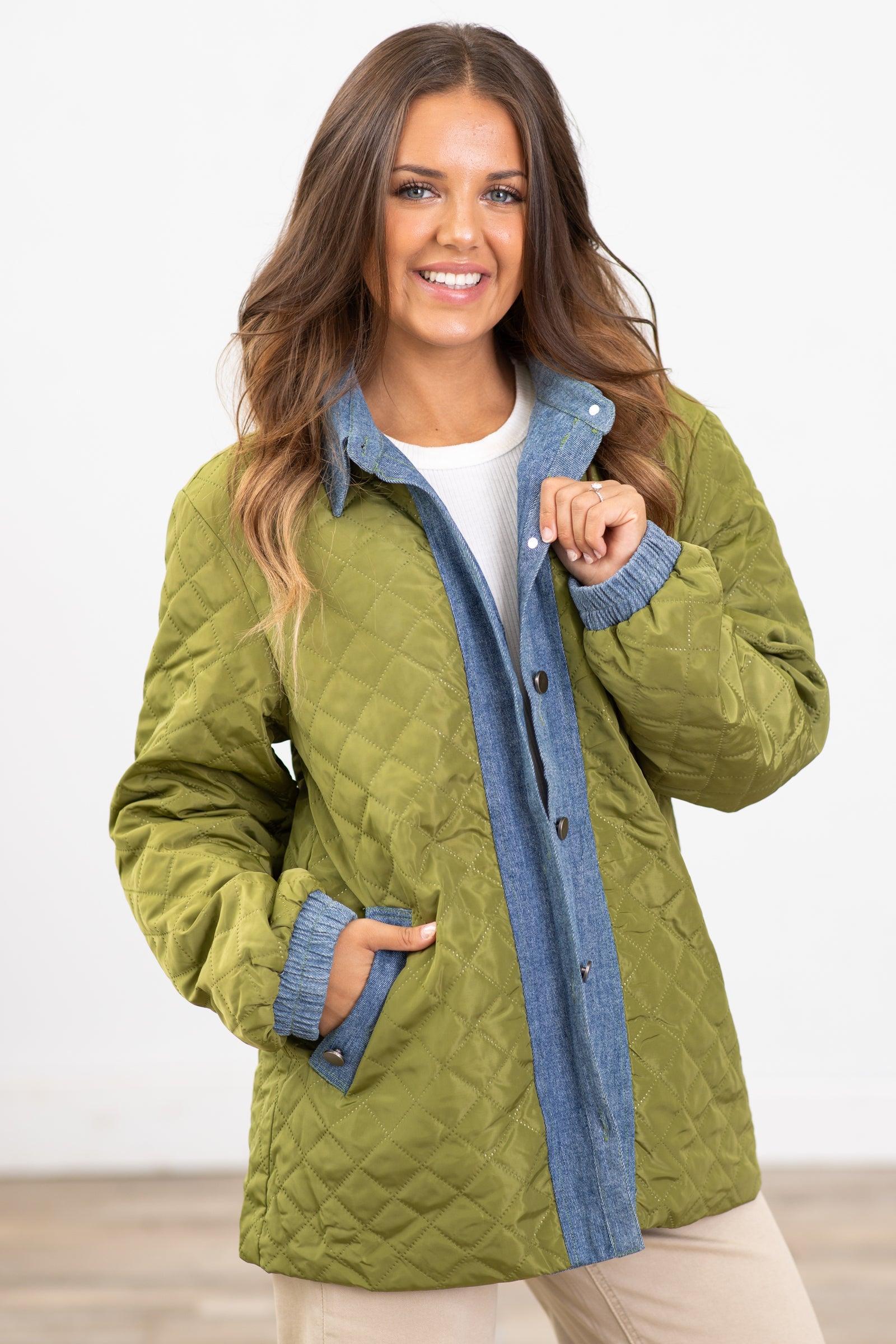 Olive Quilted Jacket With Denim Trim Detail Product Image