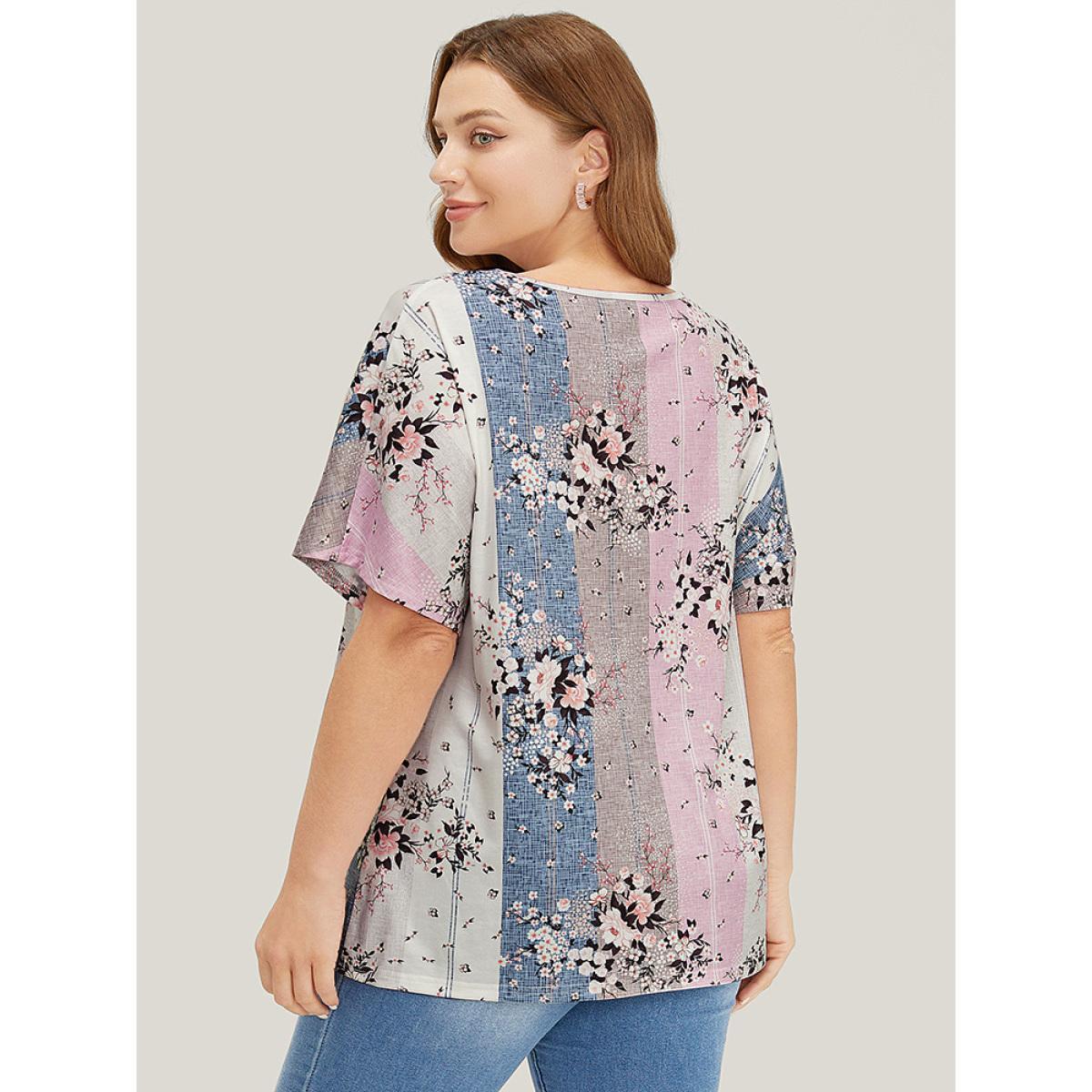 Plus Size Floral Print Ruffle Sleeve Striped Contrast T-shirt MistyRose Women Elegant Floral V-neck Dailywear T-shirts BloomChic 14-16/1X Product Image