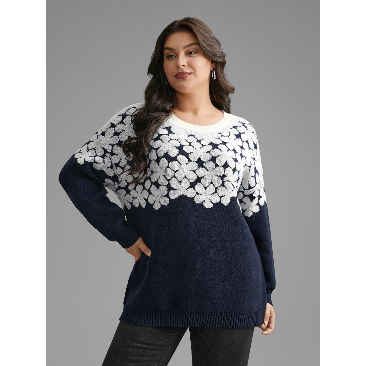Plus Size Floral Contrast Patchwork Drop Shoulder Pullover Indigo Women Casual Loose Long Sleeve Round Neck Everyday Pullovers BloomChic 10/M Product Image