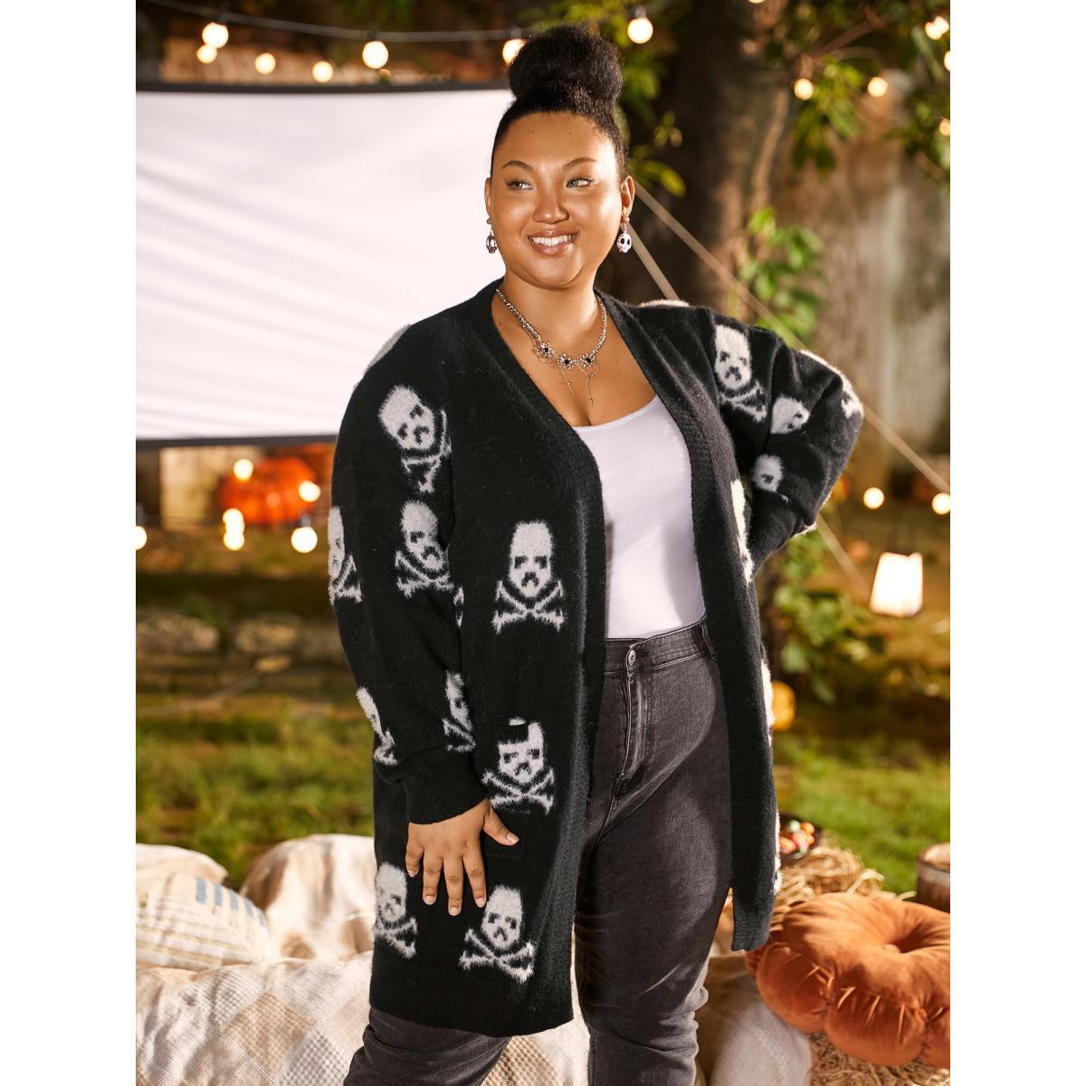 Plus Size Skull Pattern Plus Jacquard Open Cardigan Black Women Casual Loose Long Sleeve Everyday Cardigans BloomChic 12/L Product Image
