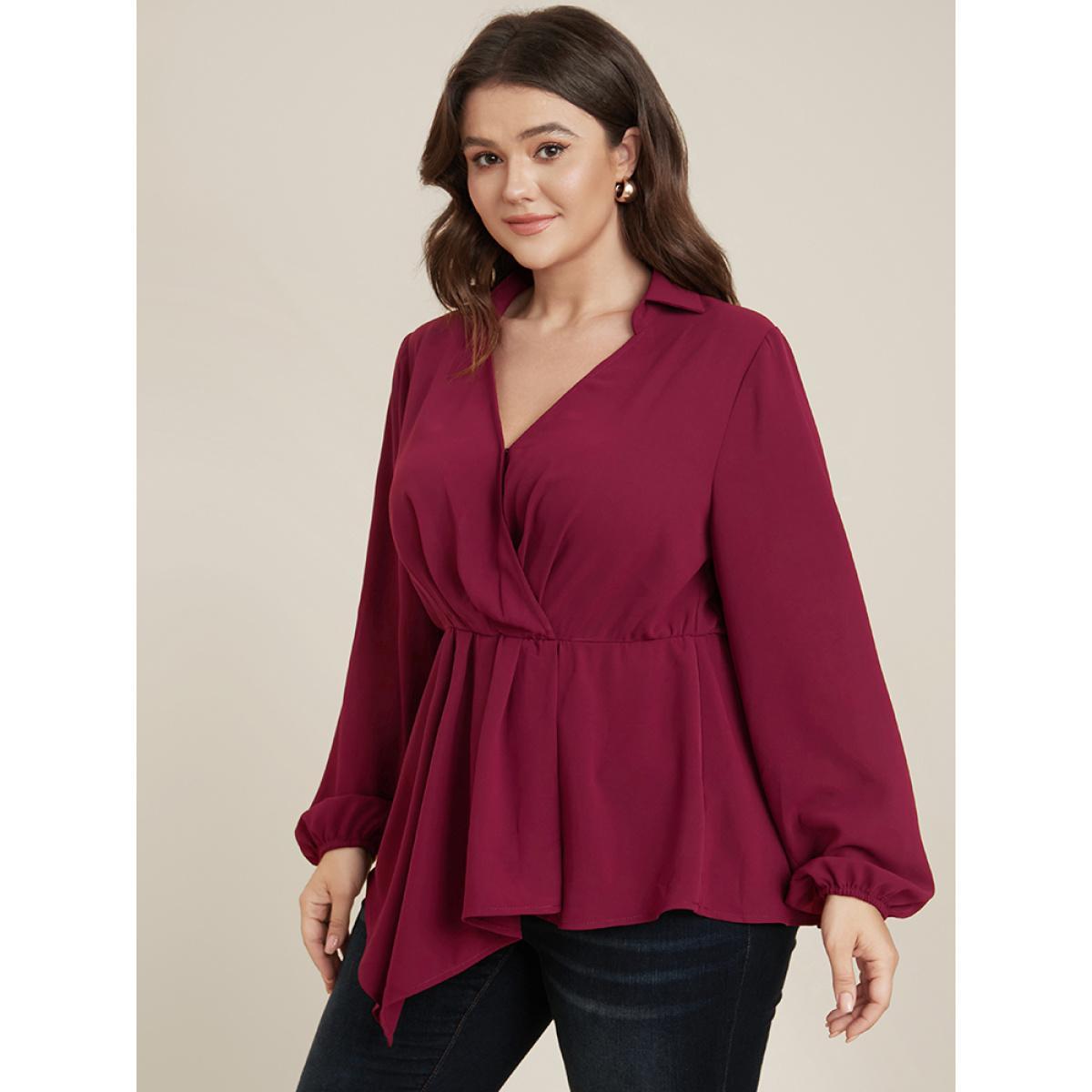 Plus Size Scarlet Solid Lantern Sleeve Surplice Neck Asymmetrical Hem Blouse Women Office Long Sleeve V-neck Work Blouses BloomChic 22-24/3X Product Image