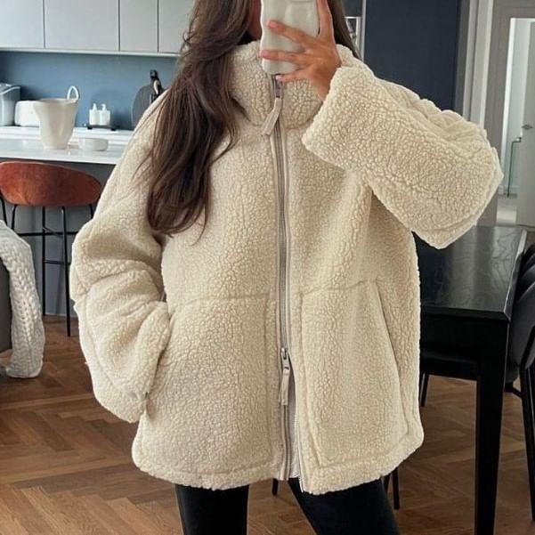 Stand Collar Plain Fleece Zip Jacket Product Image