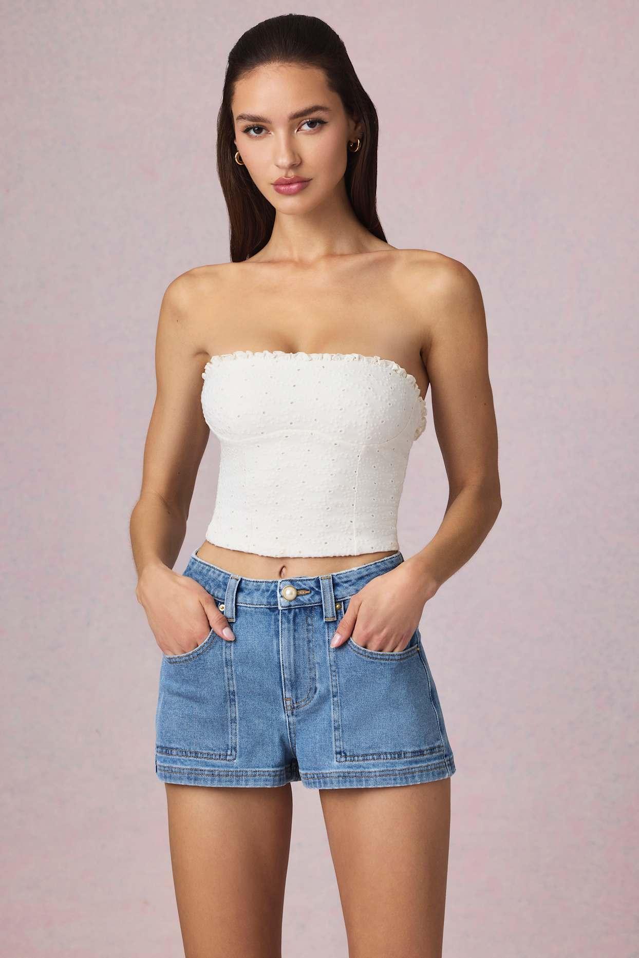 High-Waist A-Line Shorts in Mid-Blue Wash Product Image