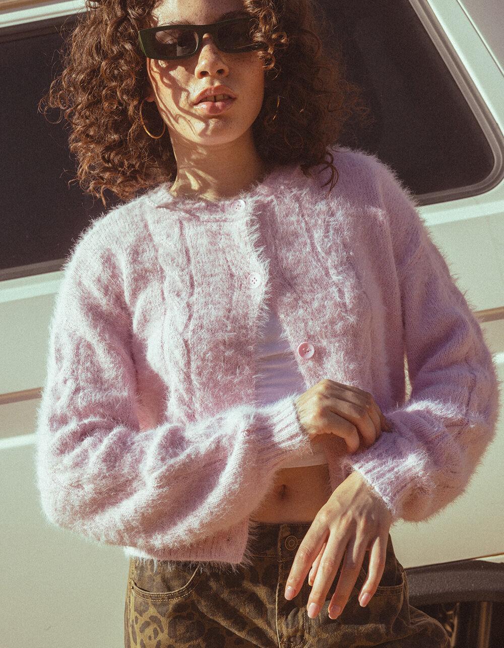 RSQ Womens Cable Fuzzy Cardigan - PINK Product Image