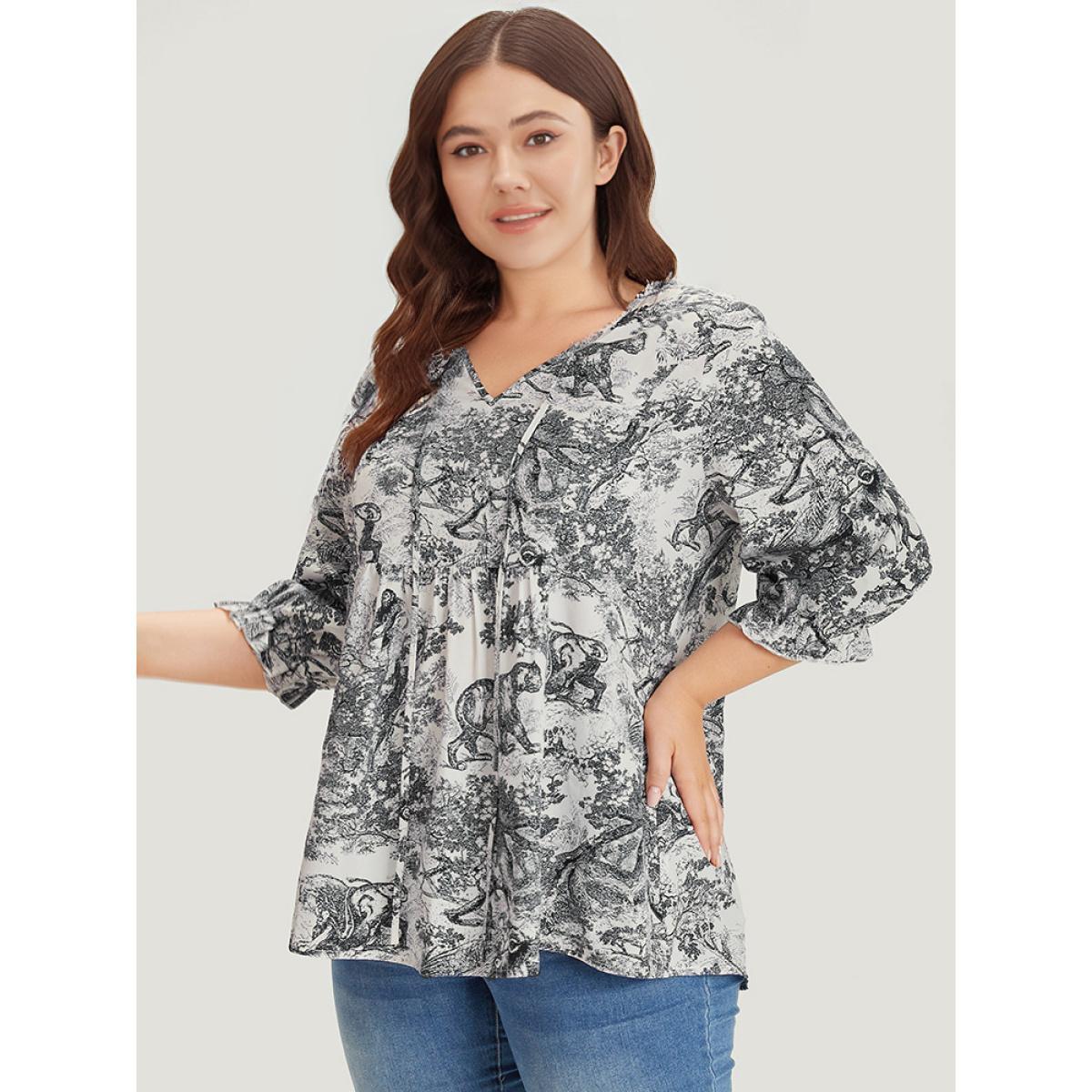 Plus Size Black Print Knot Neck Lantern Sleeve Ruffle Hem Blouse Women Vacation Half Sleeve V-neck Dailywear Blouses BloomChic 10/M Product Image
