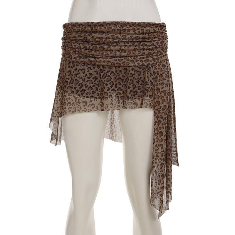 Mid Waist Leopard Print Asymmetrical Mini Pencil Skirt Product Image