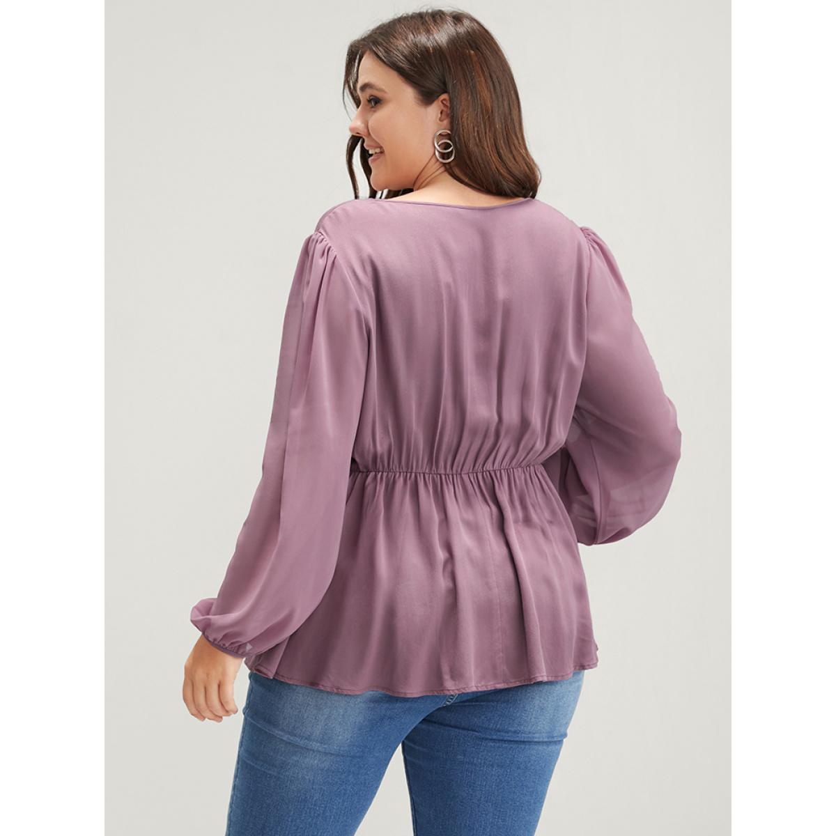 Plus Size DustyPink Solid Crochet Lace Lantern Sleeve Flutter Blouse Women Elegant Long Sleeve Notched collar Dailywear Blouses BloomChic 14-16/1X Product Image