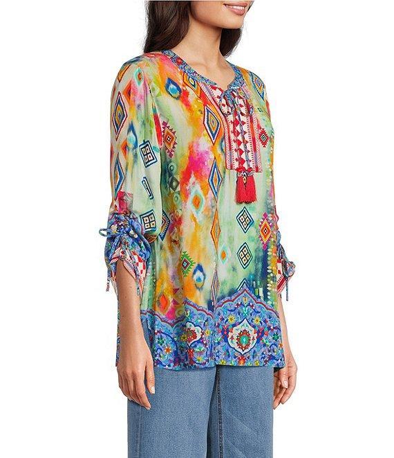 John Mark Petite Size Embroidered Printed Split V-Neck 3/4 Cinched Sleeve Tassel Tie Front Tunic Product Image