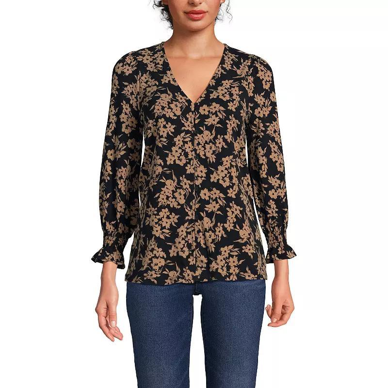 Women's Lands' End 3/4 Sleeve Lightweight Jersey Button Front Top, Size: Large, Spiced Rhubarb Product Image