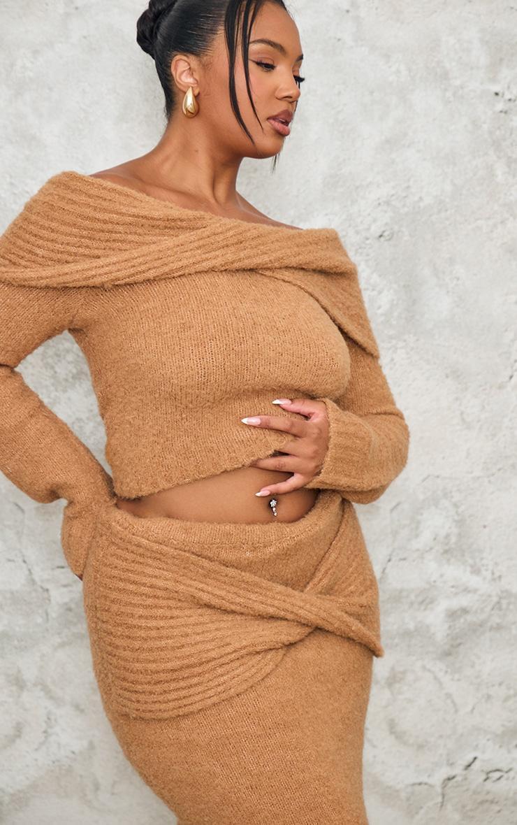 Plus Mocha Soft Bobble Knit Bardot Foldover Top Product Image