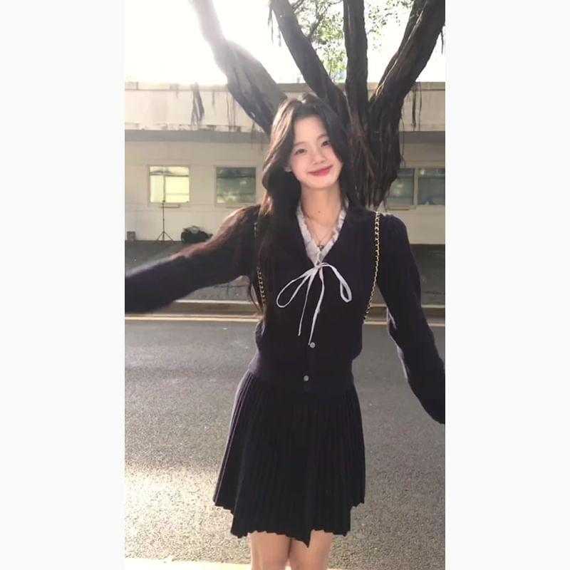 V-Neck Bow Panel Cardigan / High Rise Plain Accordion Pleated Mini A-Line Skirt Product Image