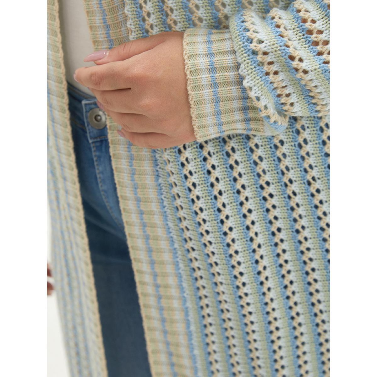 Plus Size Contrast Geo Eyelet Drop Shoulder Cardigan Multicolor Women Casual Loose Long Sleeve Dailywear Cardigans BloomChic 10/M Product Image