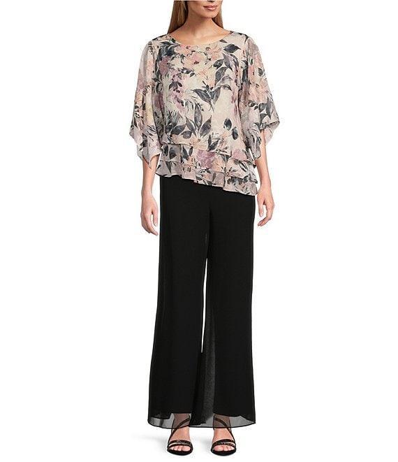 Alex Evenings Elbow Sleeve Scoop Neck Asymmetrical Hem Triple Tier Chiffon Blouse Product Image
