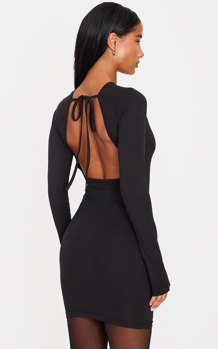 Black Cotton Tie Scoop Back Mini Dress Product Image