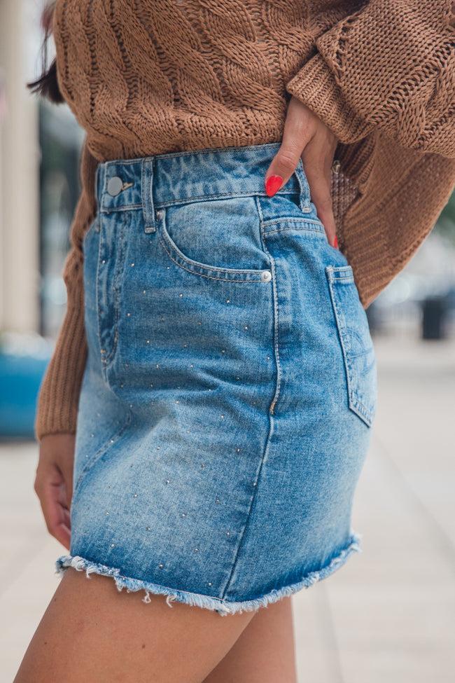 Kelsea Rhinestone Embellished Medium Wash Denim Skirt FINAL SALE Product Image