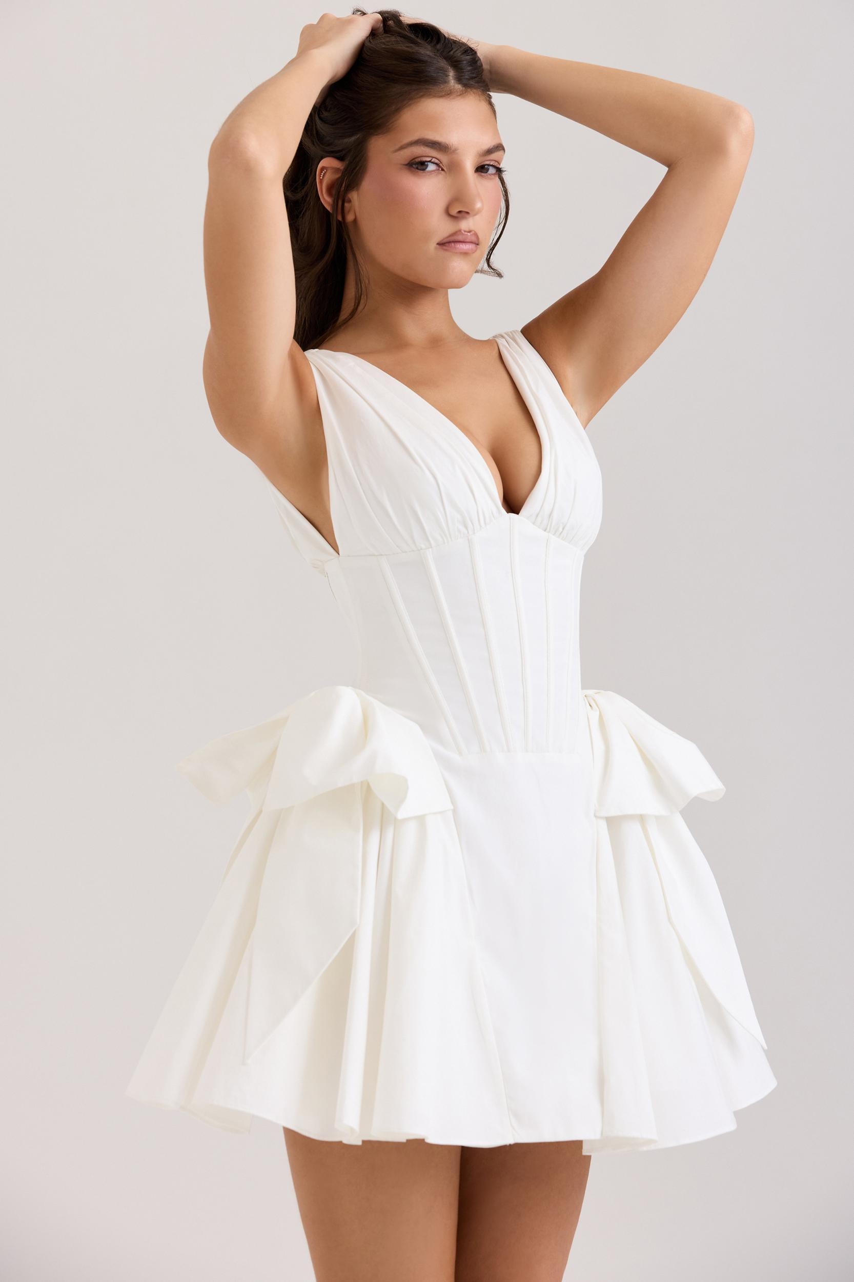 Amalia  white stretch cotton bow mini dress Product Image