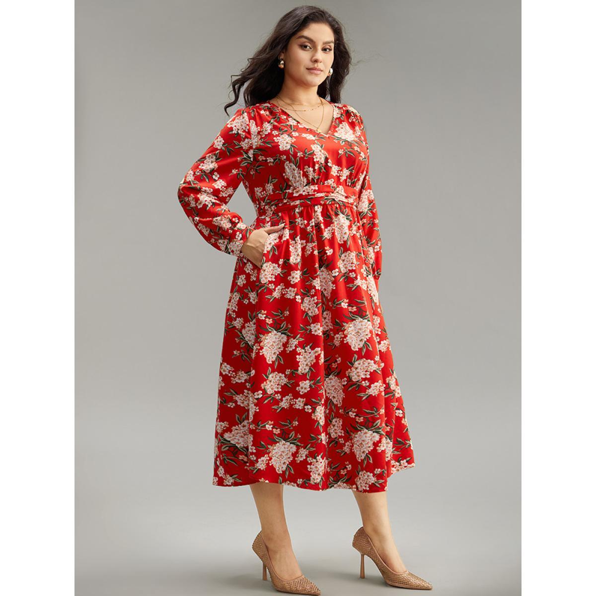 Plus Size Floral Print Ruched Pocket Pleated Dress Red Women Elegant Printed V-neck Long Sleeve Curvy Midi Dress BloomChic 18-20/2X Product Image