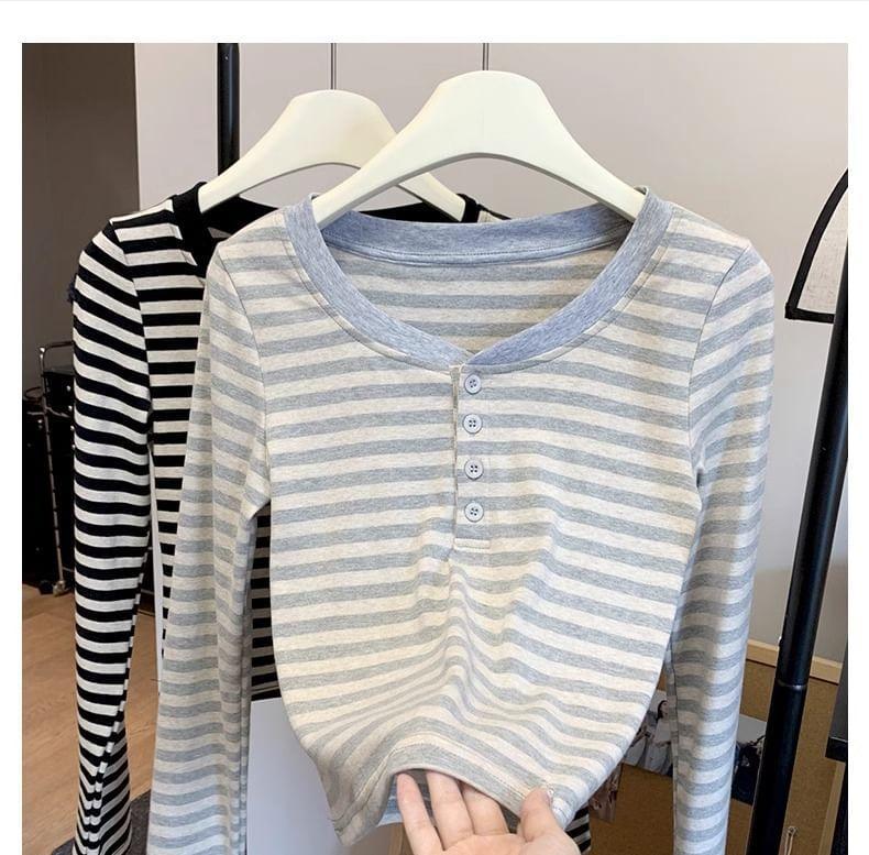 Long Sleeve Half-Button Striped Slim-Fit Tee Product Image