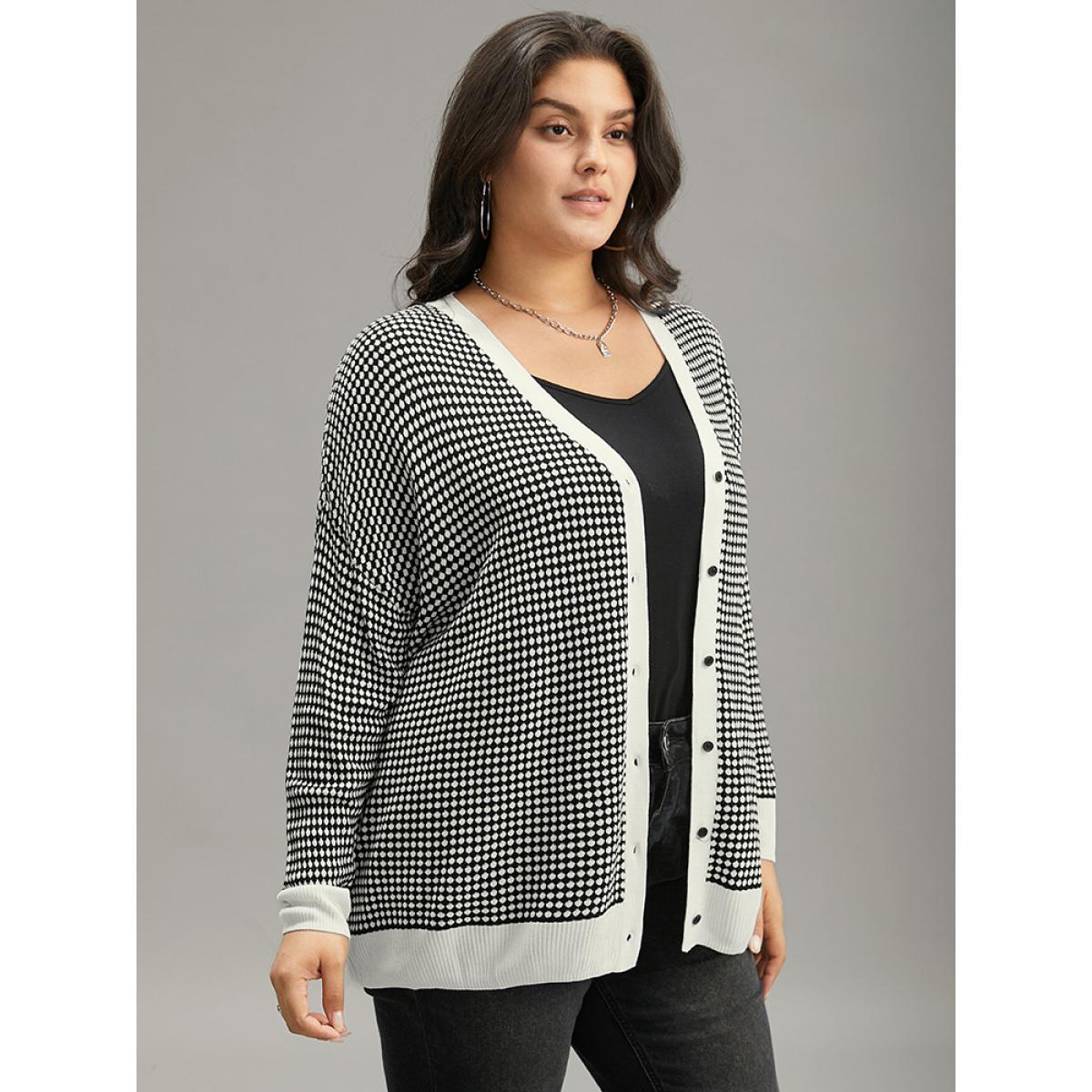 Plus Size Polka Dot Patchwork Button Through Cardigan Black Women Casual Loose Long Sleeve Dailywear Cardigans BloomChic 22-24/3X Product Image