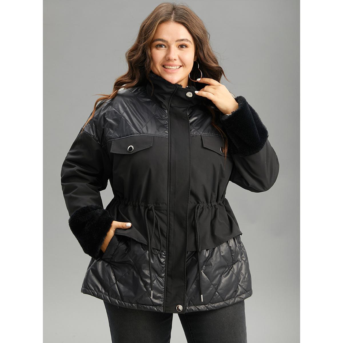 Plus Size Patchwork Fuzzy Drawstring Pocket Quilted Coat Women Black Casual Zipper Ladies Dailywear Winter Coats BloomChic 10/M Product Image