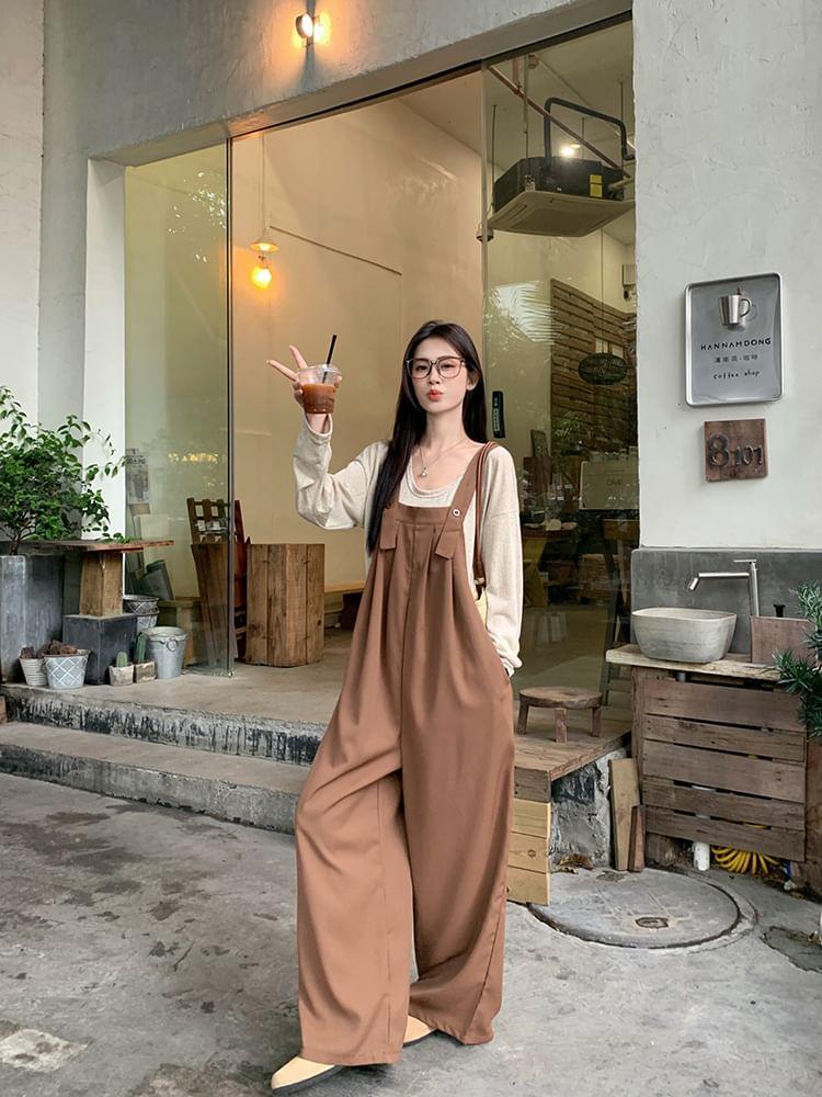 Long-Sleeve Round Neck Plain T-Shirt / Wide Leg Jumpsuit Product Image