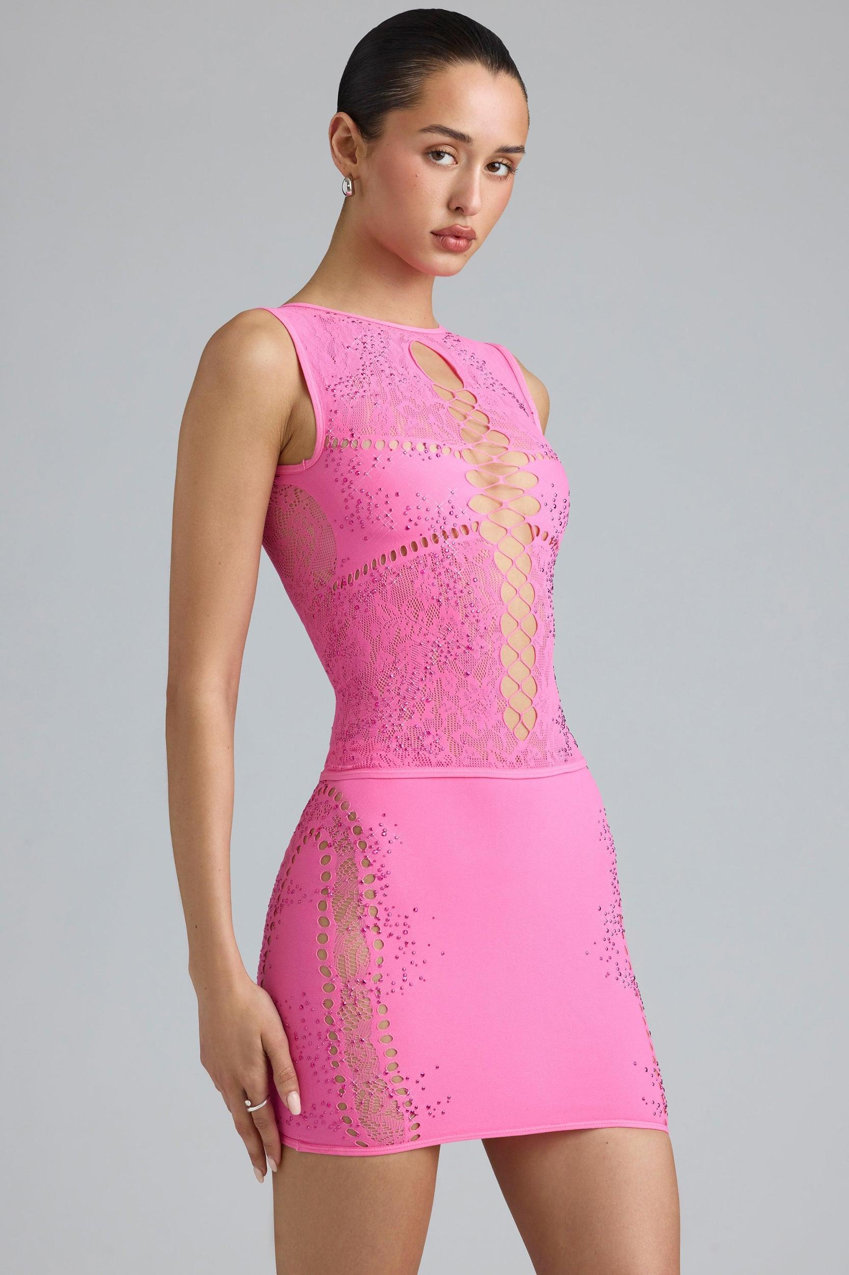 Embellished Mid-Rise Mini Skirt in Bubblegum Pink Product Image