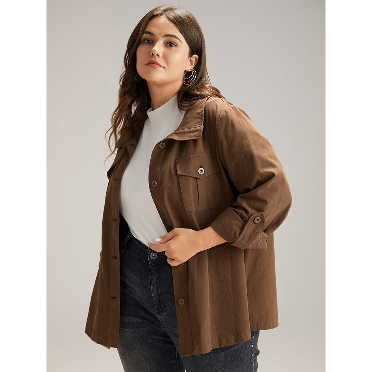 Plus Size Plain Roll Tab Sleeve Button Down Coat Women Bronze Casual Plain Ladies Dailywear Winter Coats BloomChic 30/6X Product Image
