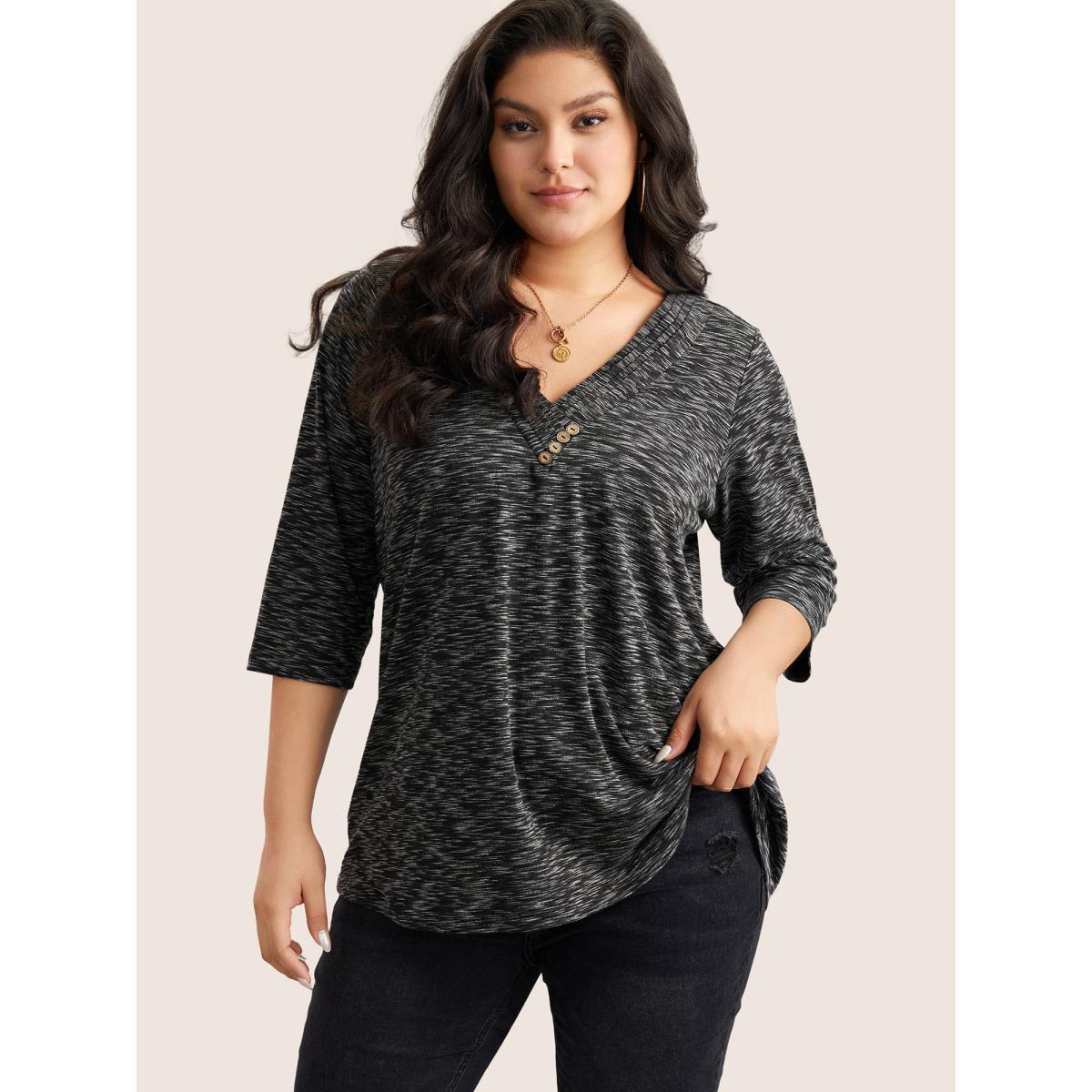 Plus Size Heather Pleated Button Detail T-shirt Black Women Casual Pleated Plain V-neck Everyday T-shirts BloomChic 30/6X Product Image