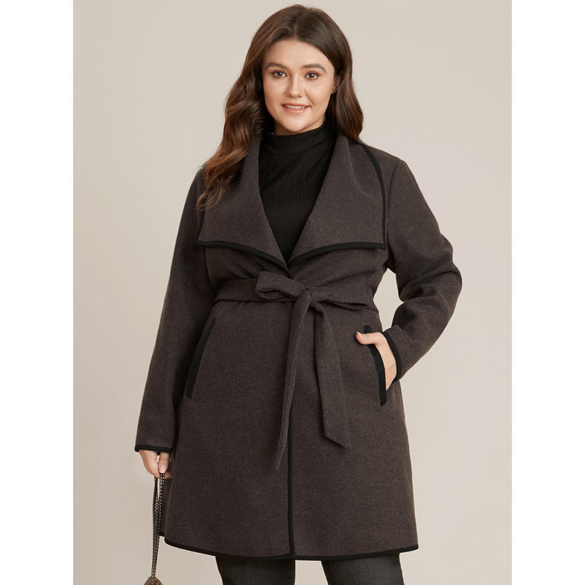 Plus Size Contrast Trim Pocket Belted Lapel Collar Coat Women DarkBrown Office Belted Ladies Work Winter Coats BloomChic 14-16/1X Product Image