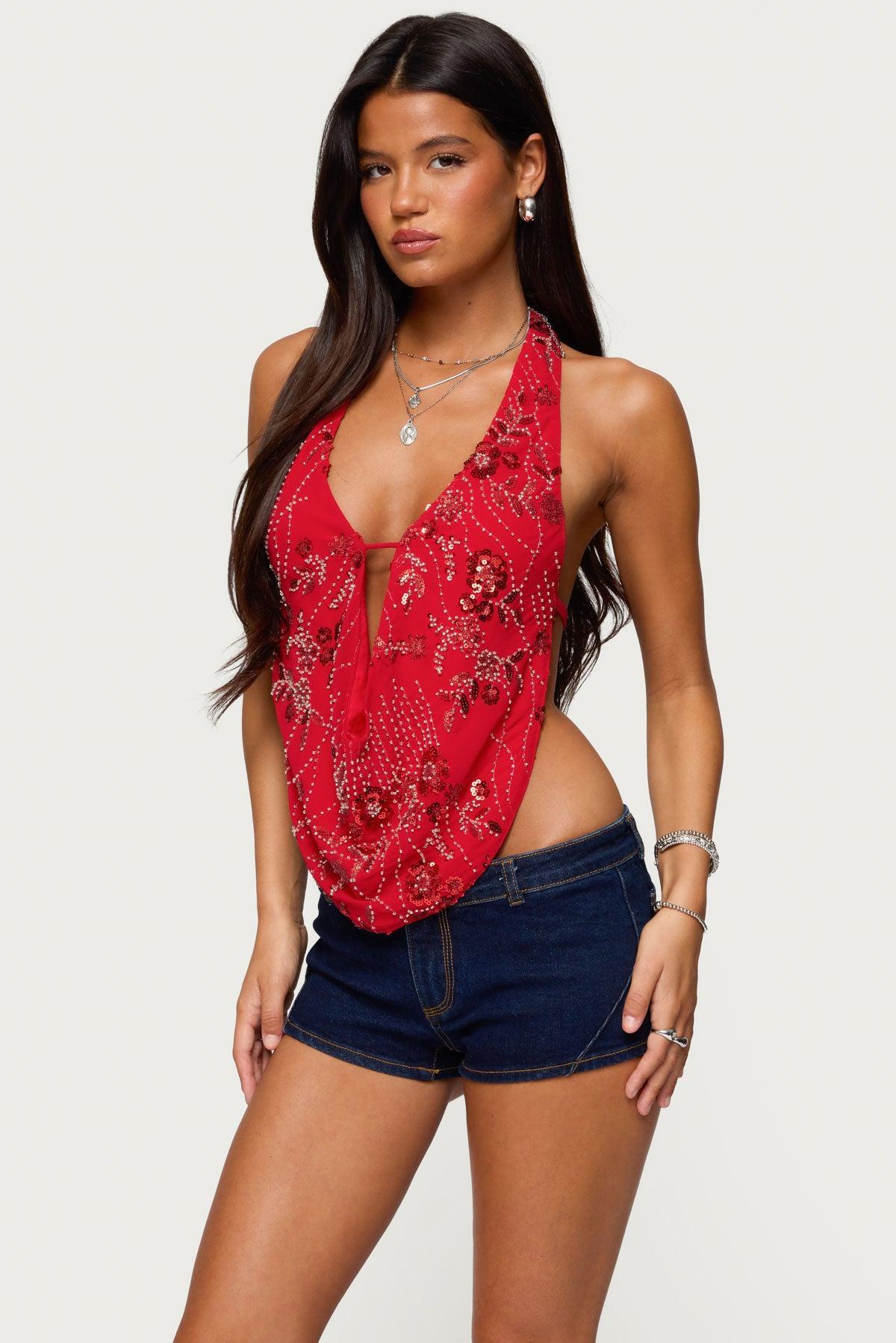 Beaded Chiffon Backless Cowl Neck Top Product Image