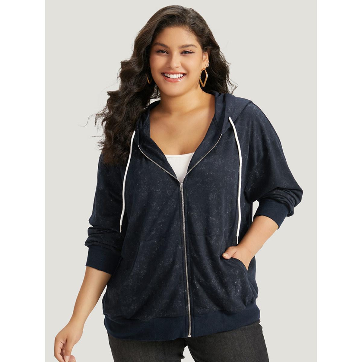 Plus Size Heather Hooded Drawstring Pocket Zipper Fly Sweatshirt Women Midnight Casual Elastic cuffs Hooded Everyday Sweatshirts BloomChic 12/L Product Image