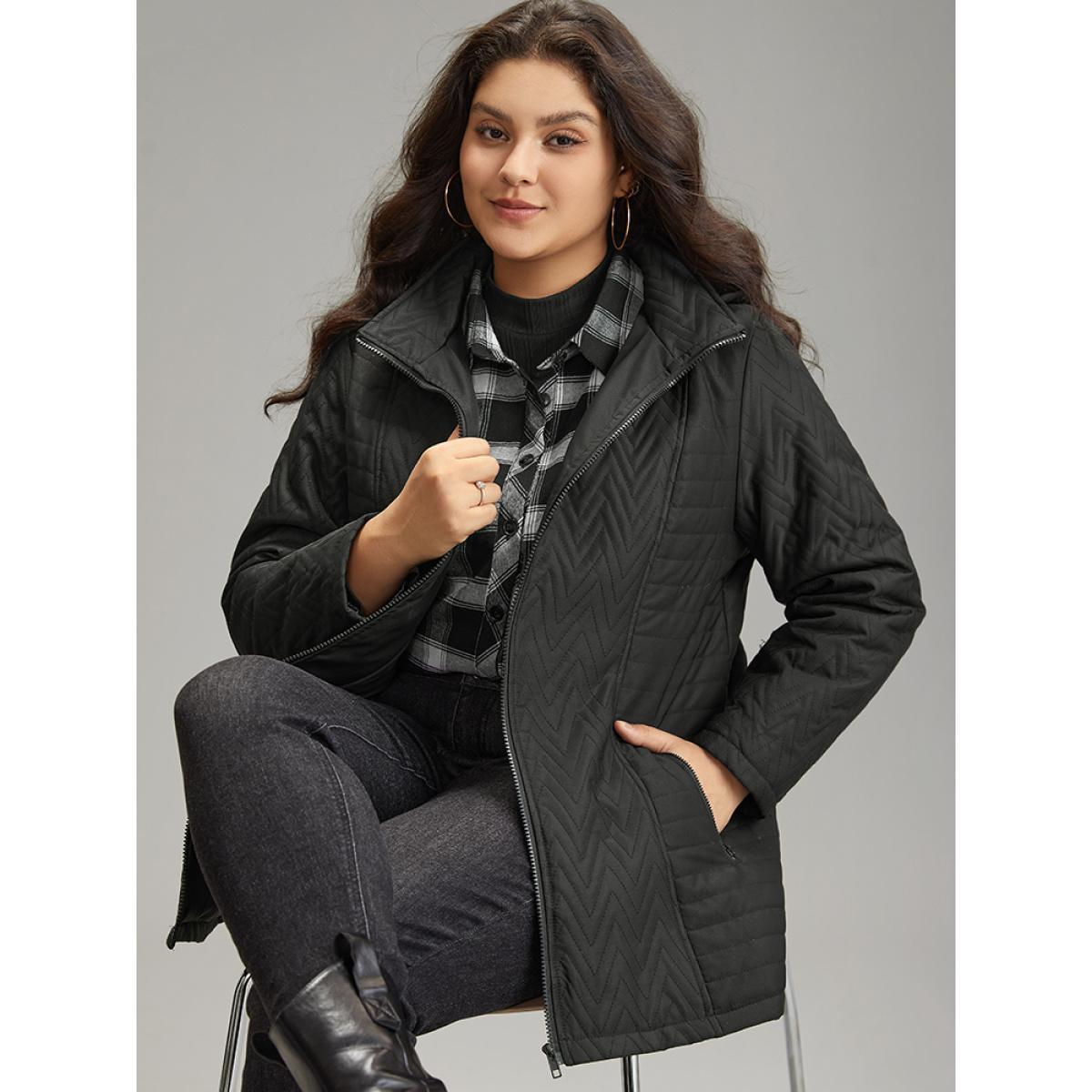 Plus Size Solid Quilted Zipper Fly Hooded Cotton Jacket Women Black Casual Quilting Ladies Dailywear Winter Coats BloomChic 12/L Product Image