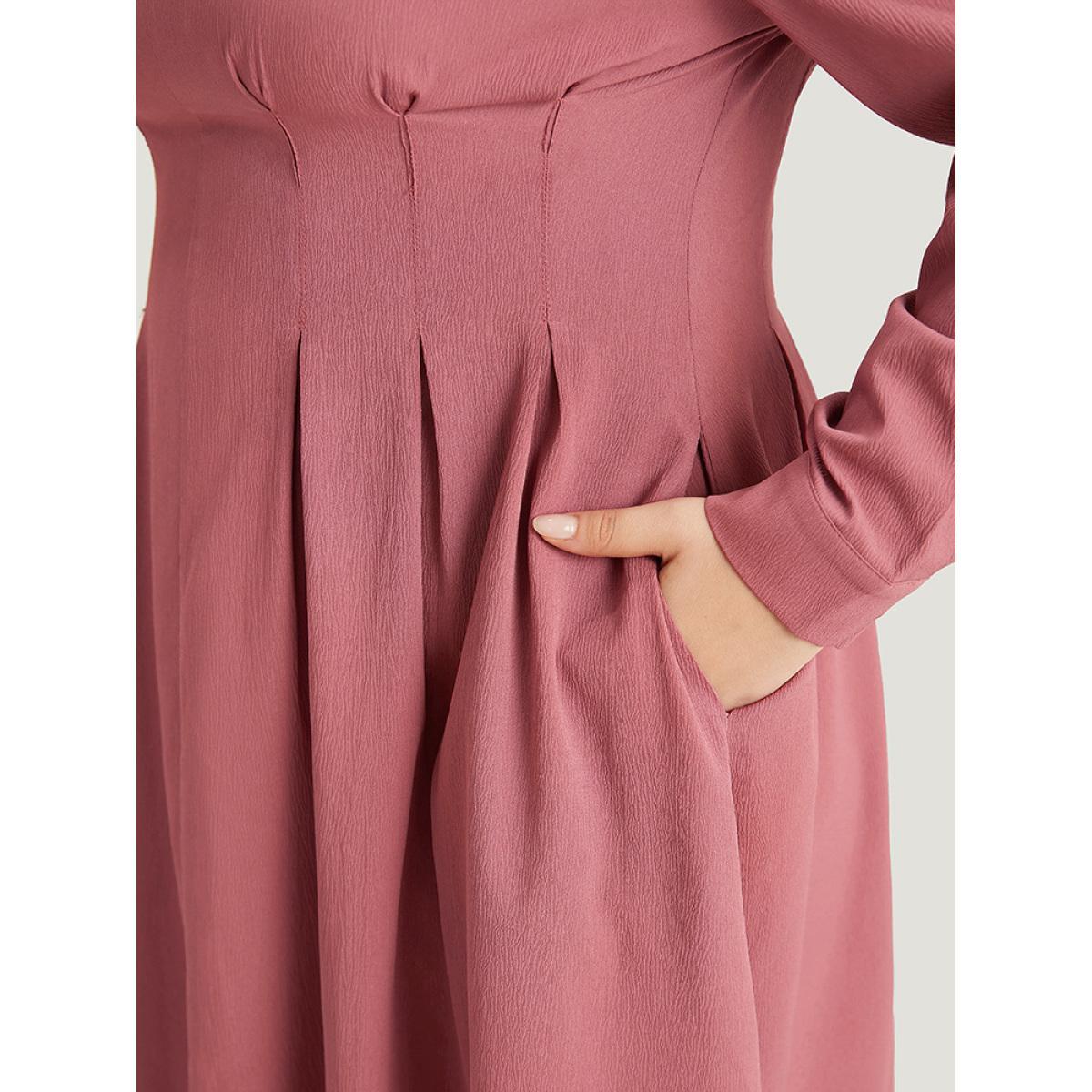 Plus Size Crew Neck Plicated Detail Ruffle Hem Dress DustyPink Women Office Plain Round Neck Long Sleeve Curvy Midi Dress BloomChic 22-24/3X Product Image