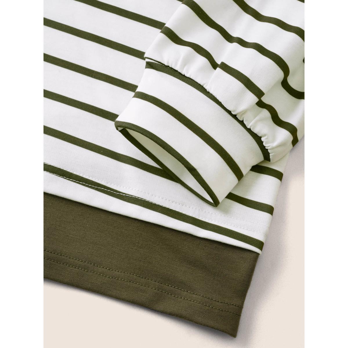 Plus Size 2-In-1 Contrast Striped Patchwork Sweatshirt Women ArmyGreen Casual Contrast Round Neck Everyday Sweatshirts BloomChic 14-16/1X Product Image