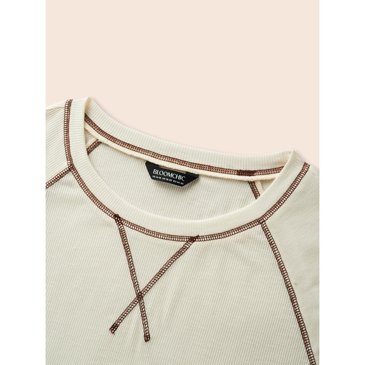 Plus Size Crew Neck Contrast Stitch Raglan Sleeve T-shirt Ivory Women Casual Topstitching Round Neck Everyday T-shirts BloomChic 18-20/2X Product Image