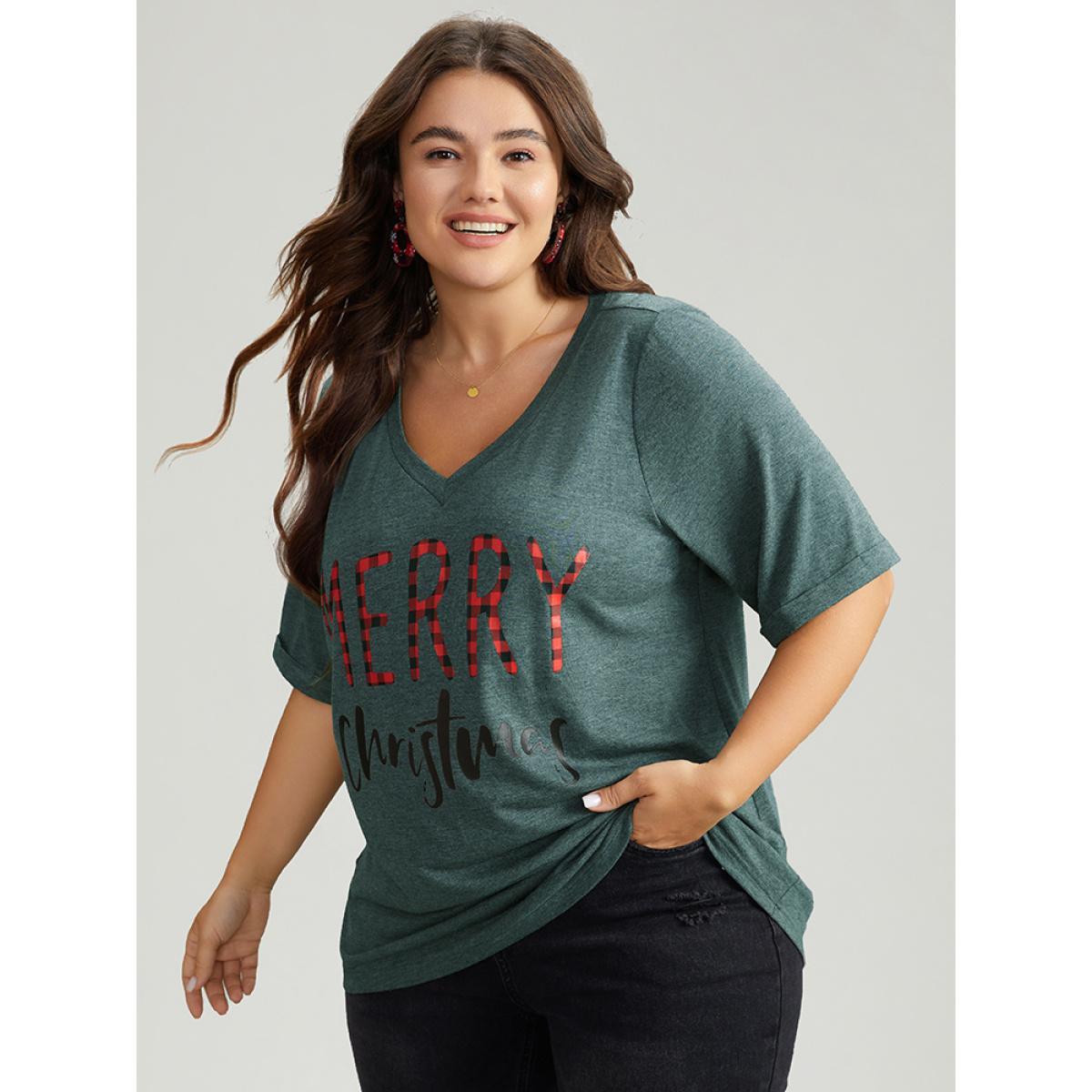 Plus Size Christmas Gingham Patchwork V Neck T-shirt DarkGreen Women Casual Printed Christmas Festival-Christmas T-shirts BloomChic 22-24/3X Product Image