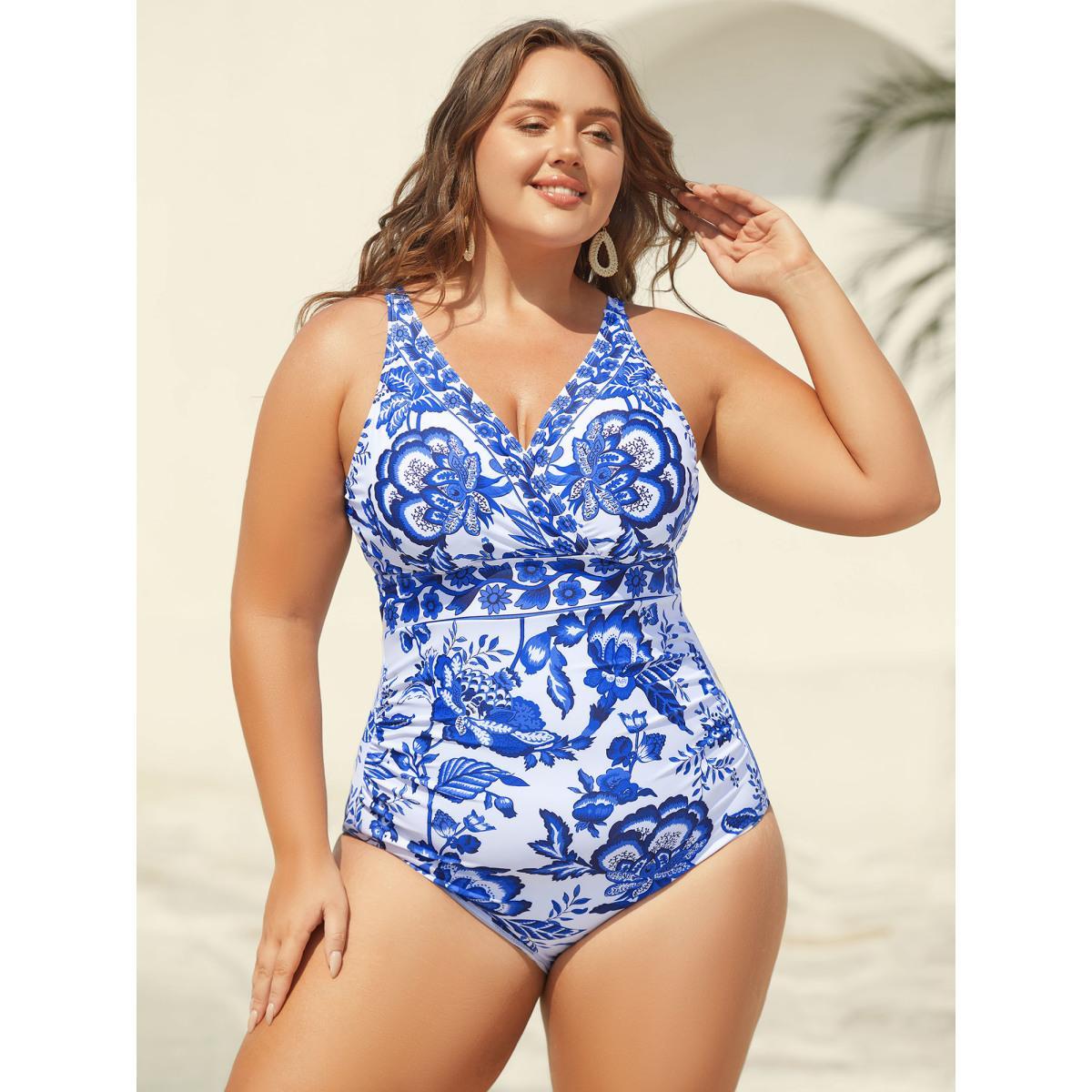Plus Size Floral Print Ruched Mesh One-Piece, Sarong Women's Swimwear Indigo Beach Gathered Curve Bathing Suits High stretch One Pieces BloomChic 18-20/2X Product Image