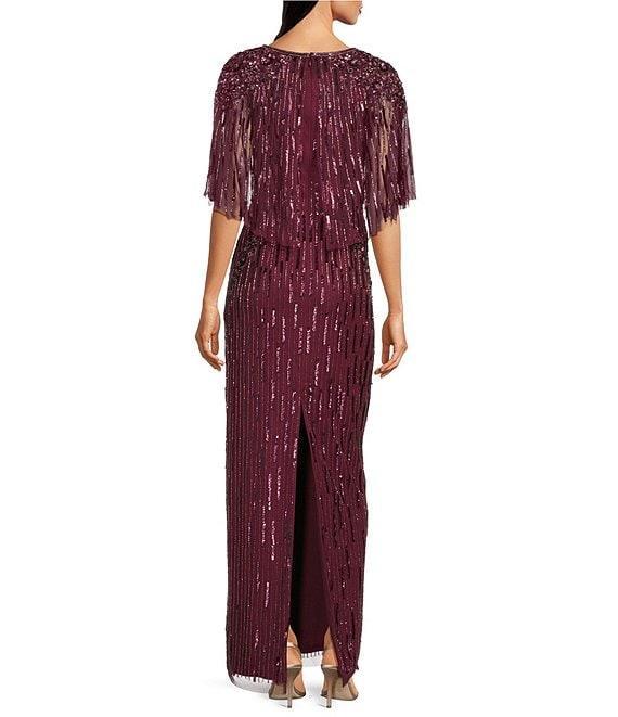 Adrianna Papell Beaded Mesh Boat Neck Cape Sleeve Long Dress Product Image