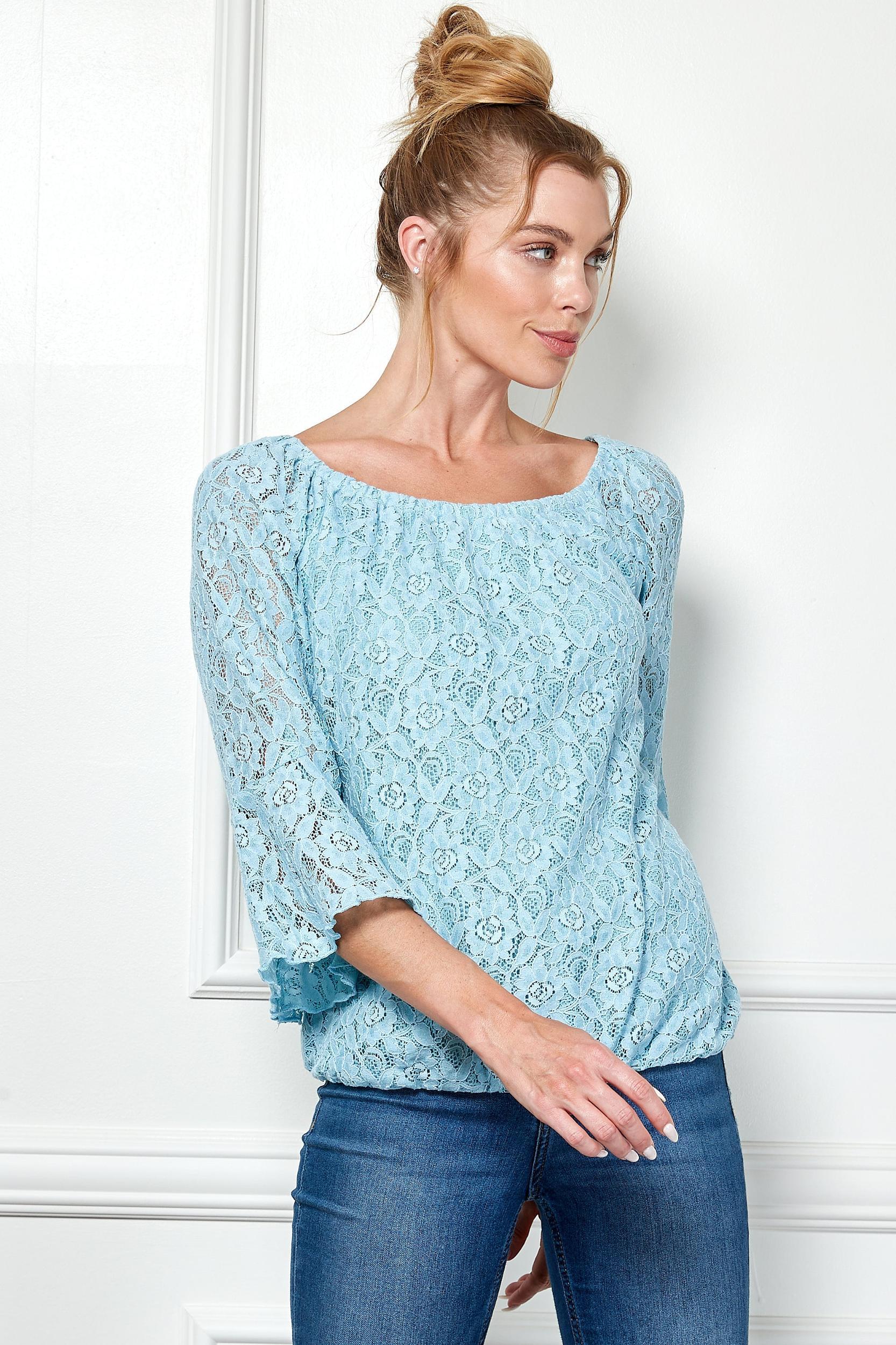 Pastel Blue 3/4 Ruffle Sleeve Pleat Boat Neck Lined Bubble Blouse Product Image
