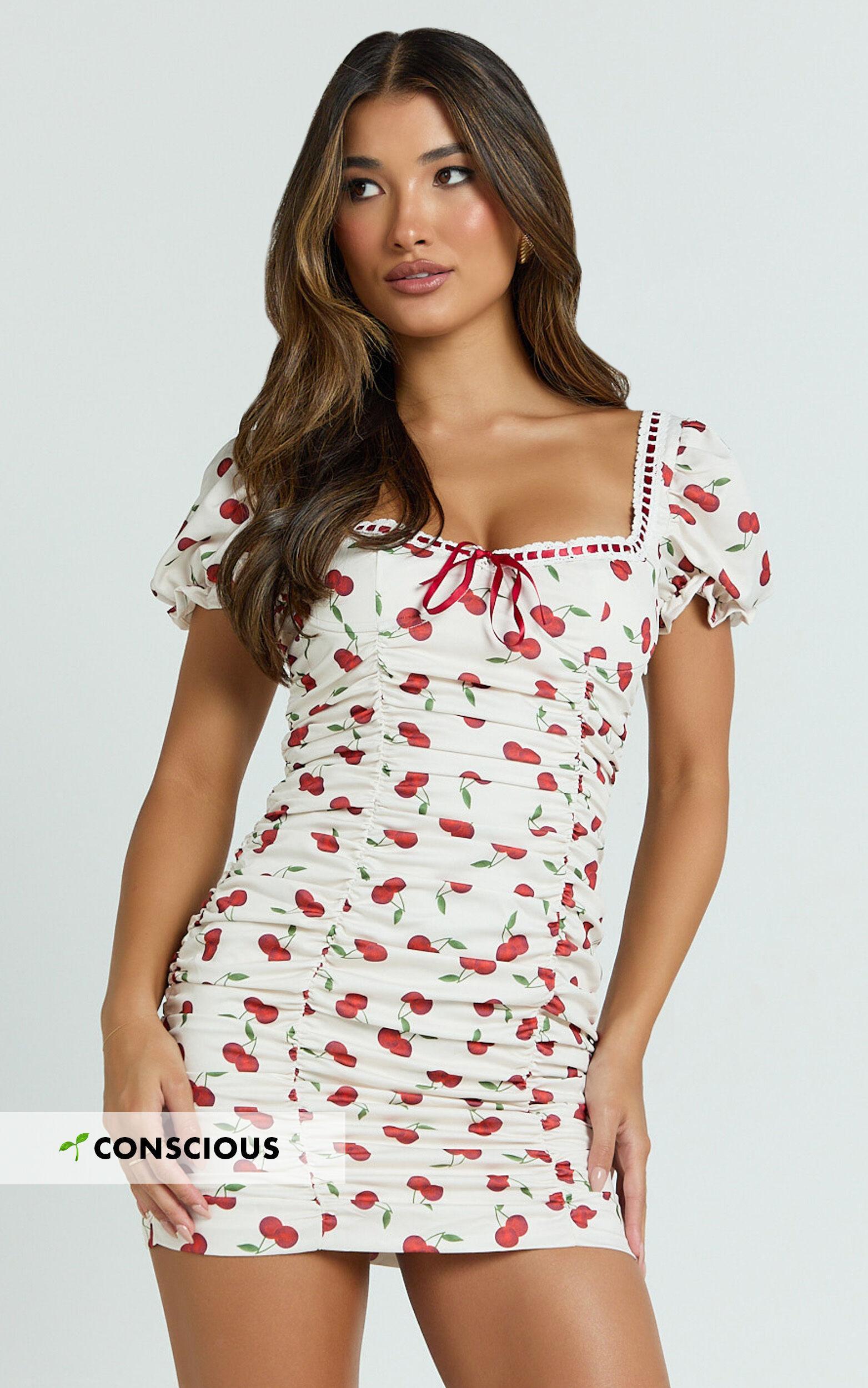 Bailey Mini Dress - Recycled Cherry Print Cap Sleeve Ruched Bust Bodycon Dress in Blushing Cherries Print Product Image