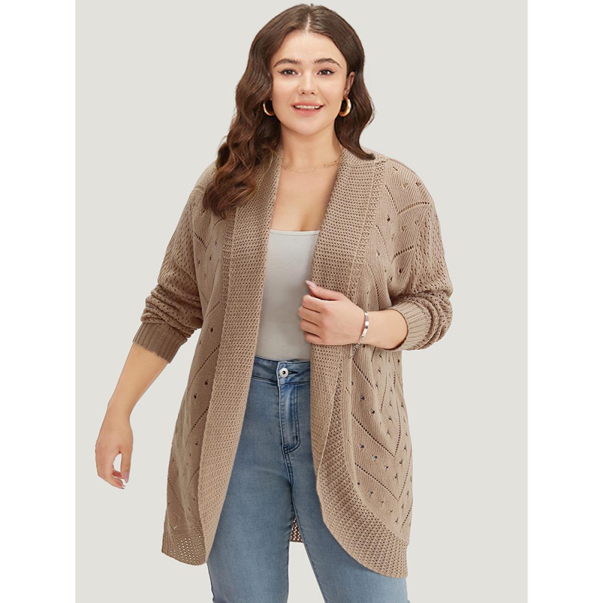 Plus Size Lapel Collar Geometric Eyelet Drop Shoulder Cardigan Rouge Women Casual Loose Long Sleeve Dailywear Cardigans BloomChic 10/M Product Image