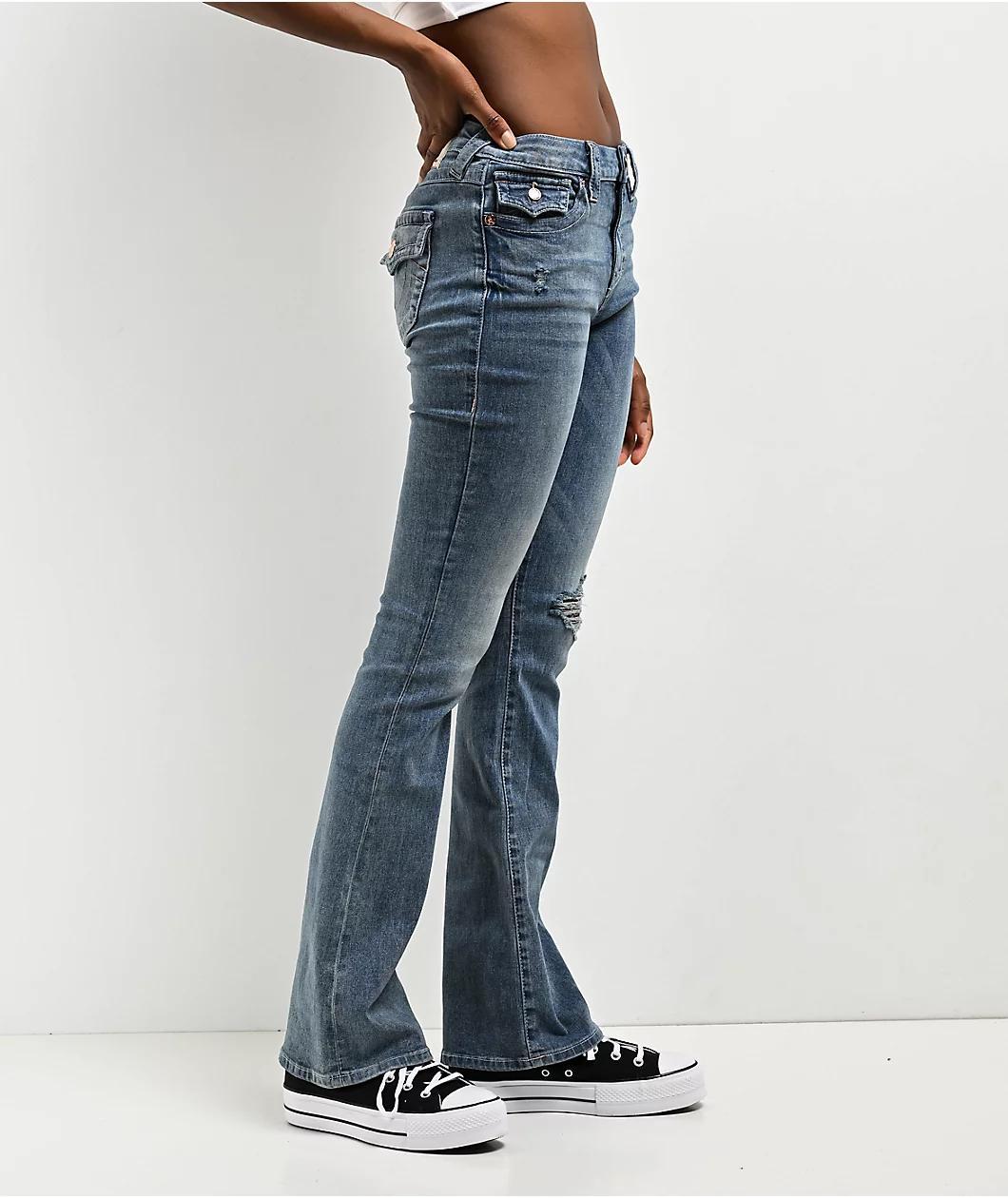 True Religion Becca Distressed Mid Rise Blue Bootcut Jeans Product Image