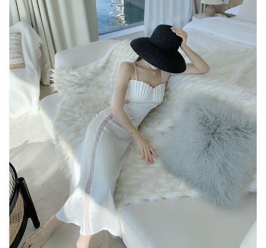 Spaghetti Strap Sweetheart Neckline Satin Midi A-Line Dress Product Image