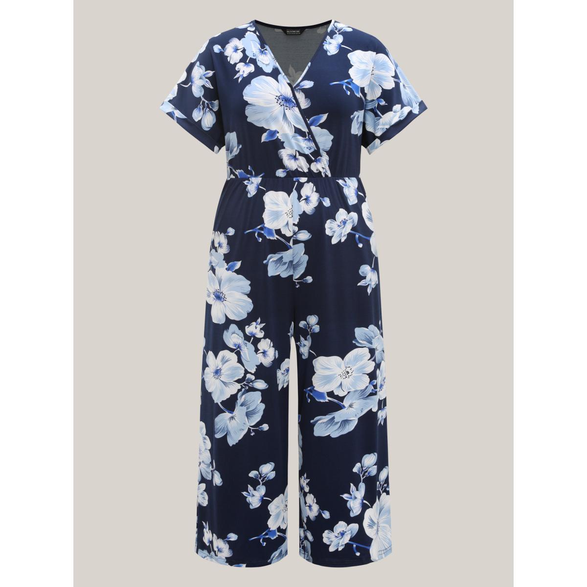 Plus Size DarkBlue Floral Print Knit Surplice Neck Jumpsuit Women Elegant Short sleeve Overlap Collar Everyday-Elegant Loose Jumpsuits BloomChic 12/L Product Image
