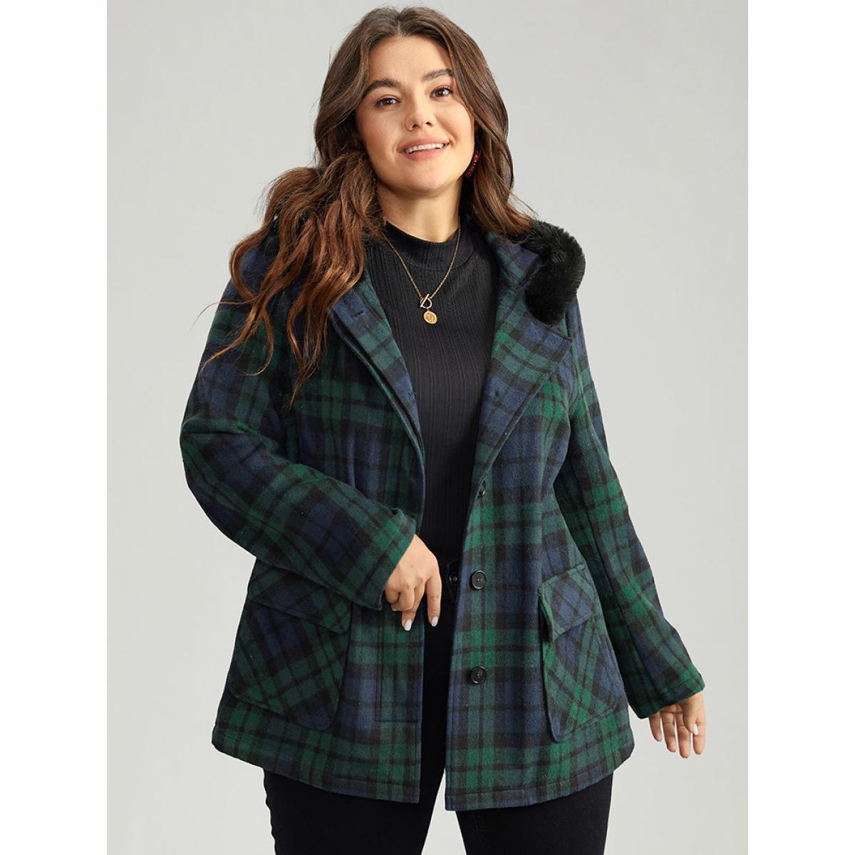 Plus Size Plaid Button Fly Hooded Fuzzy Trim Coat Women Emerald Casual Contrast Ladies Dailywear Winter Coats BloomChic 14-16/1X Product Image