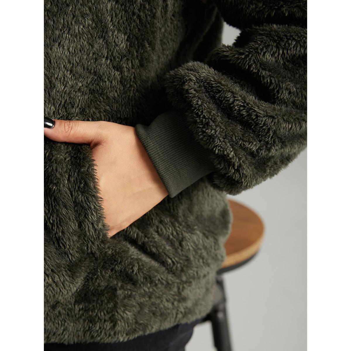 Plus Size Colorblock Contrast Fuzzy Zipper Jacket Women ArmyGreen Elastic cuffs Pocket Everyday Jackets BloomChic 26/4X Product Image