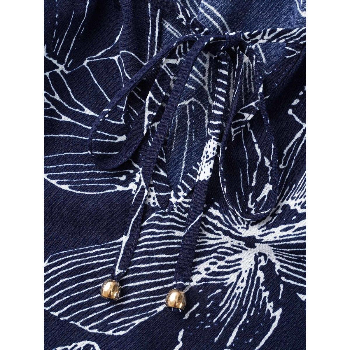 Plus Size Silhouette Floral Print Tie Knot Dress Navy Women Elegant Tie knot V-neck Elbow-length sleeve Curvy BloomChic 22-24/3X Product Image