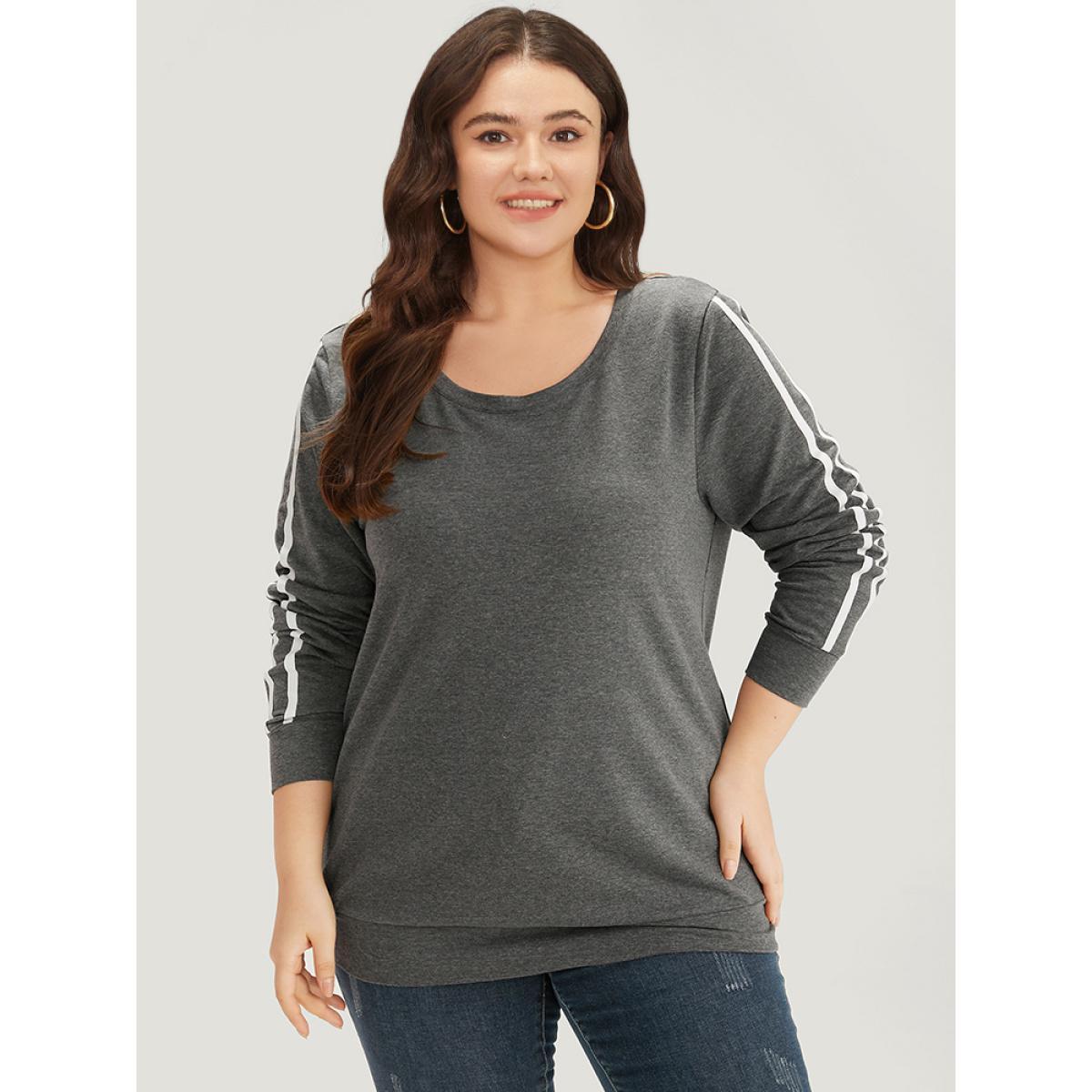 Plus Size Contrast Trim Crew Neck Sweatshirt Women Gray Casual Elastic cuffs Round Neck Everyday Sweatshirts BloomChic 22-24/3X Product Image