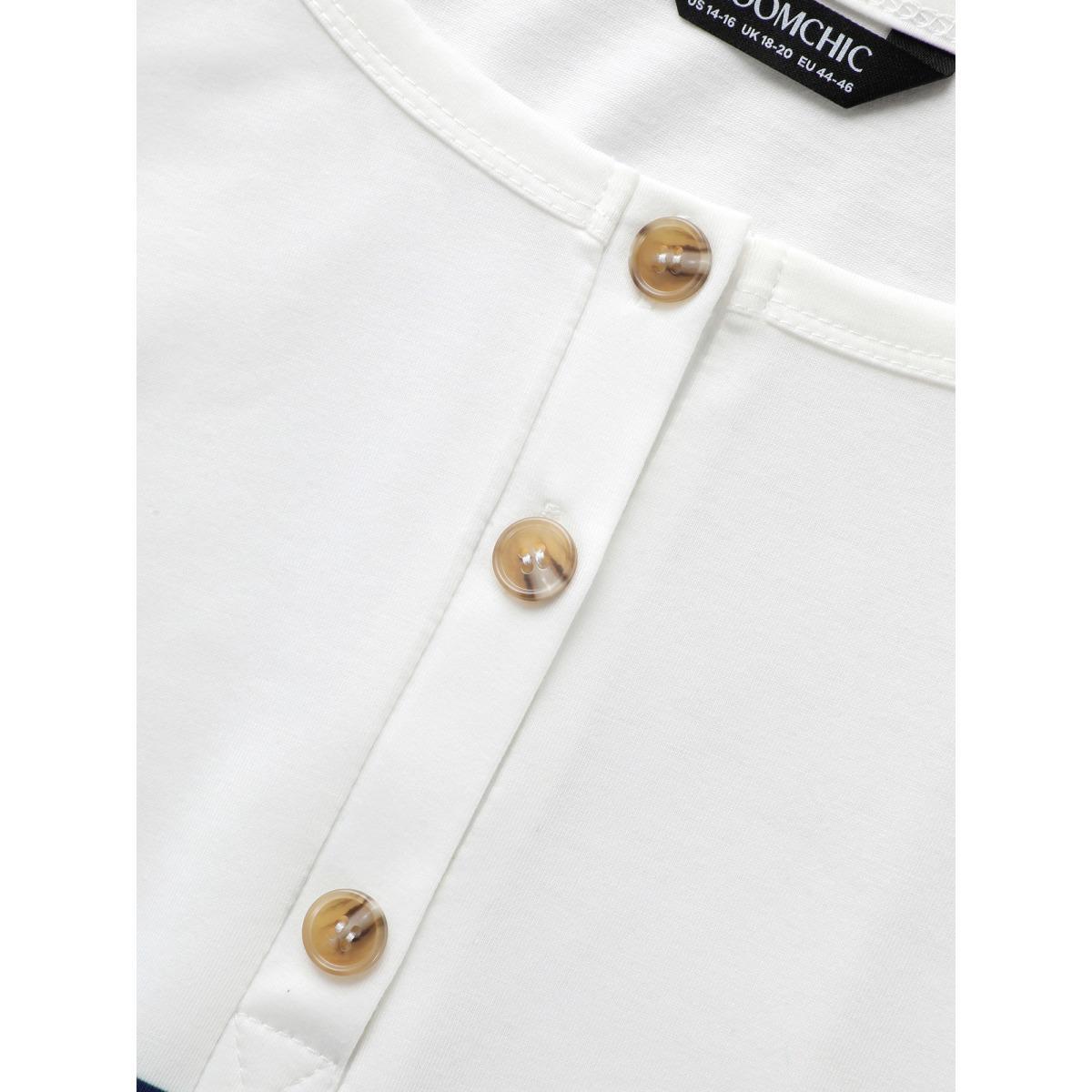 Plus Size Striped Print Raglan Sleeve Button Up T-shirt White Women Casual Contrast Striped Round Neck Everyday T-shirts BloomChic 26/4X Product Image