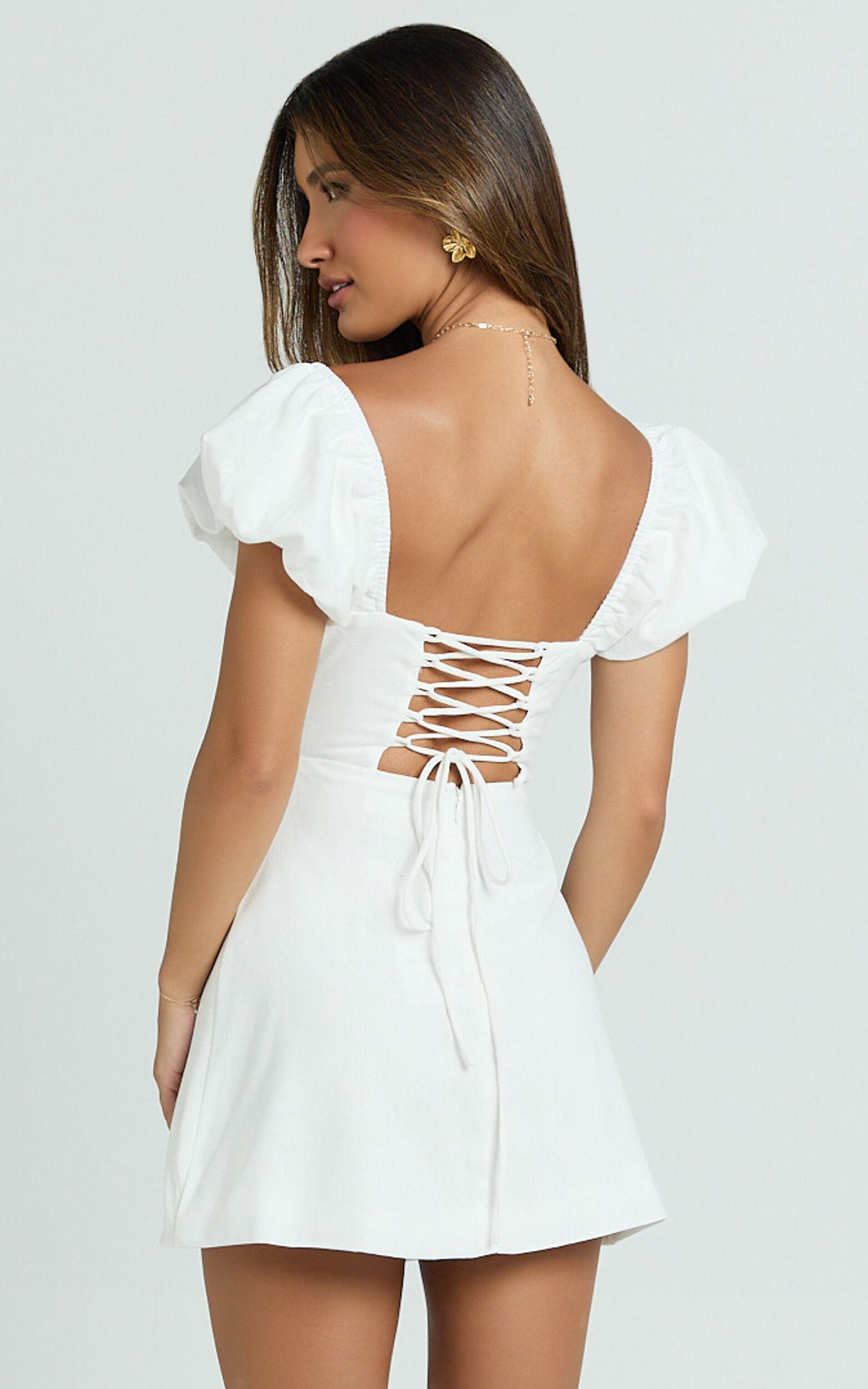 Ginny Mini Dress - Square Neck Ruched Bodice Puff Sleeve Straight Dress in White Product Image